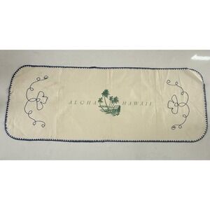 Vintage Aloha Hawaii Table Runner Blue Embroidered Trim Island Souvenir Linen